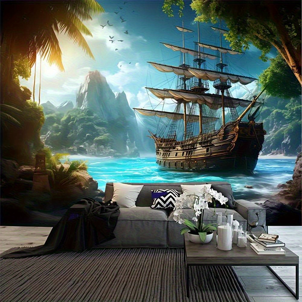 TEMU 1 tapisserie représentant un paysage océanique, un navire pirate et un , tapisserie en polyester, décoration murale pour salon, chambre à