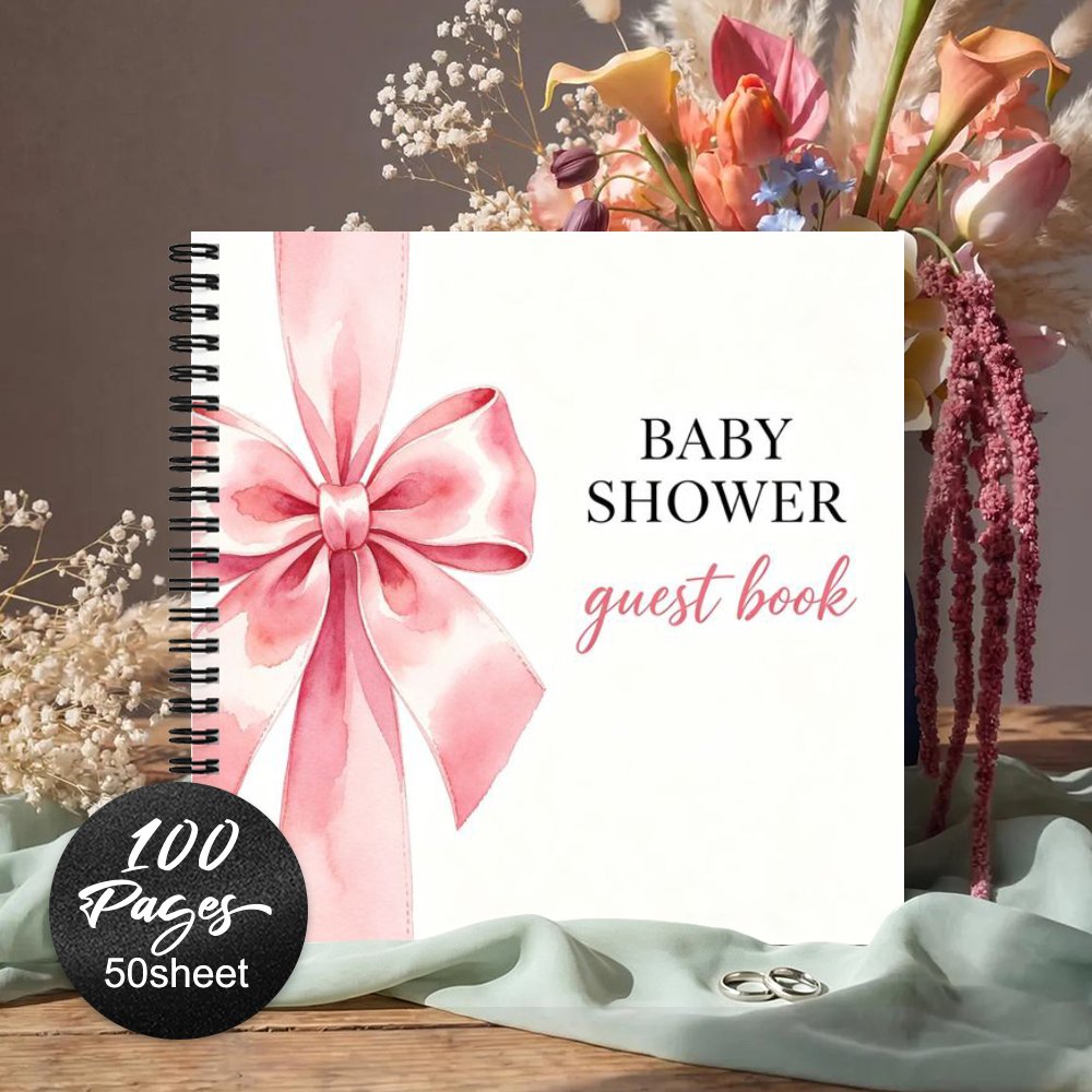 TEMU 1pc Baby Shower Keepsake Memory Journal & Guestbook Suitable For Gift, Pink Watercolor Bow Decorated Book For Weddings, Birthdays, Parties, Baby