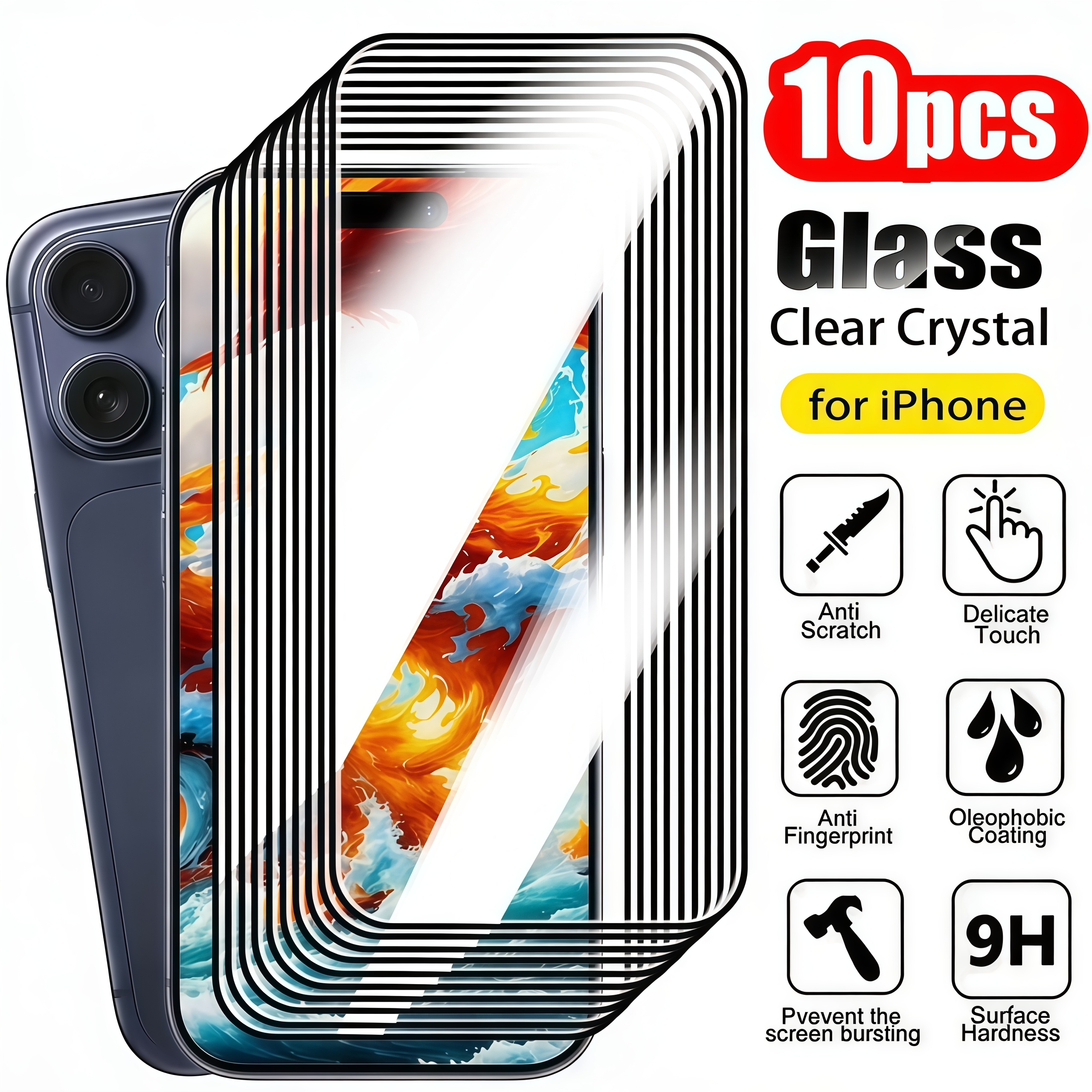 TEMU 10pcs High Definition Tempered Glass Screen Protector, 9h Hardness Full Coverage Anti-scratch Anti-drop Film For Iphone Pro 17 Pro 16 Pro Max 15