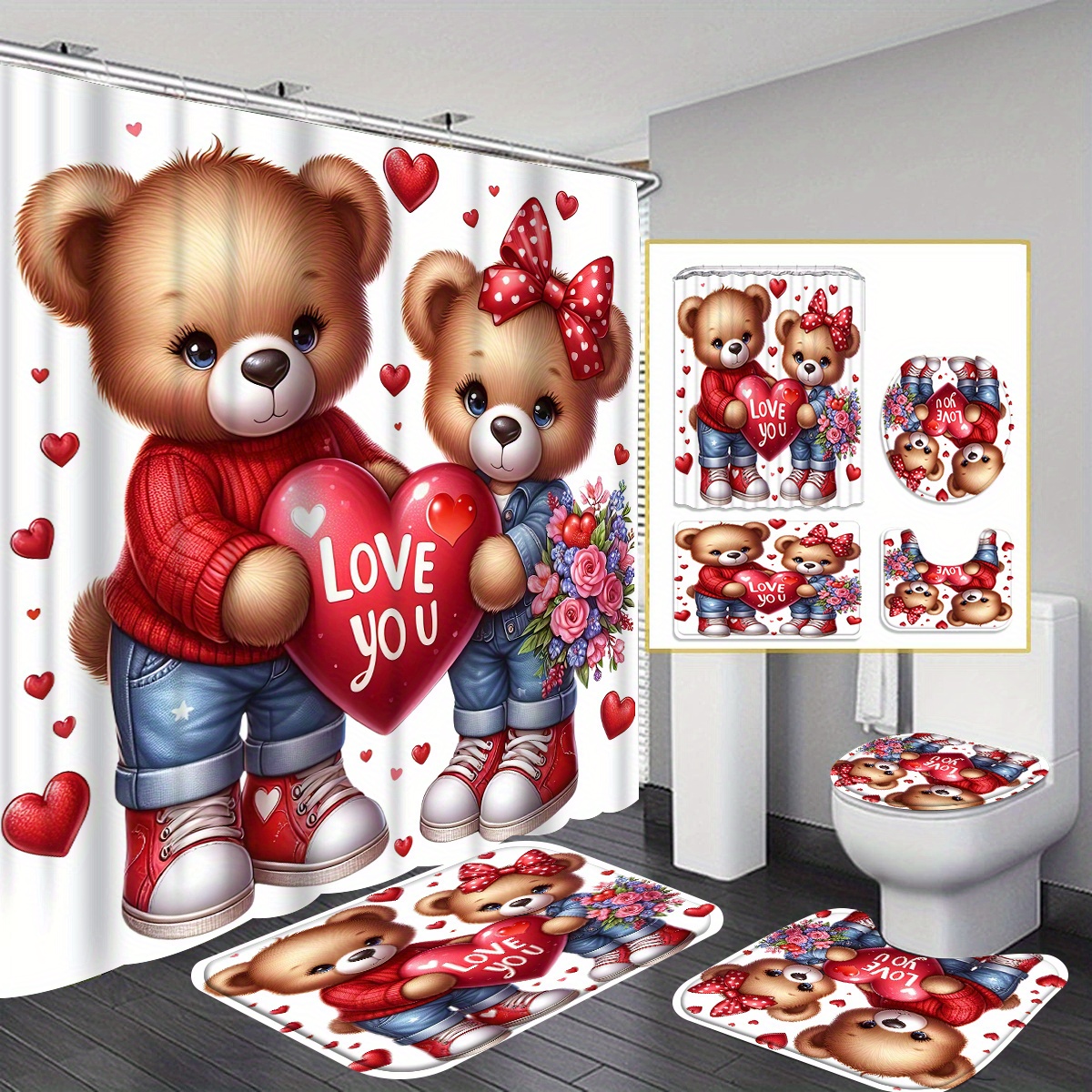 

Valentine's Day Bear 1pc/ 4pcs Shower Curtain Collection - 12 Hook Waterproof Shower Curtain With Non-slip Rug, Toilet Mat And U-mat - Complete Bathroom Accessory Set For