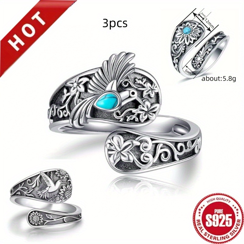 TEMU 3pcs S925 Sterling Silvery Simple Bohemian Retro Tropical Hummingbird Rings, Set, Great For Gift Gifts, And Party Wear