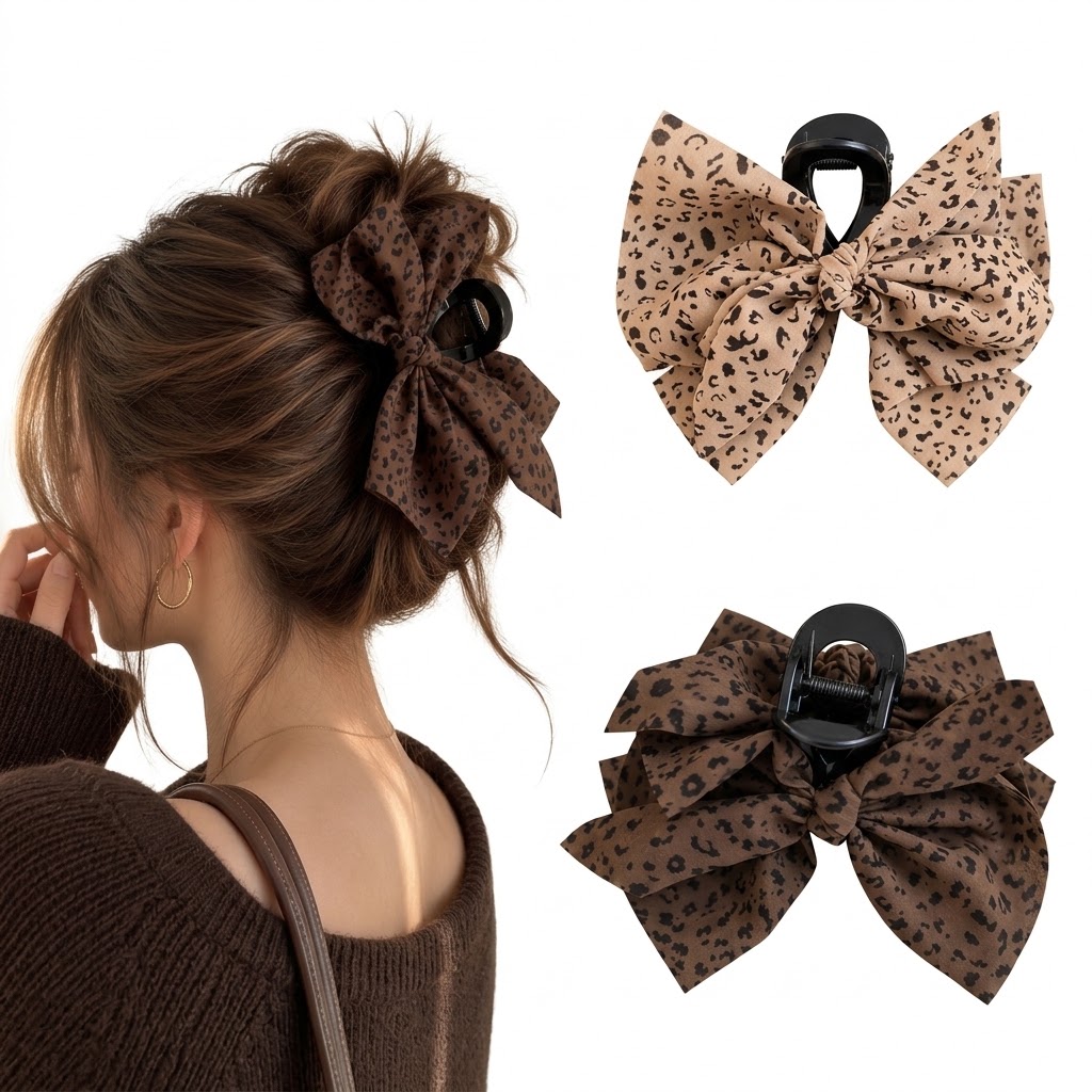 TEMU 2pcs Women's Large Leopard Print Bow Clip Retro Fabric Bow Clip Shark Clip Fashionable Hair Clip Suitable For Thick Hair
