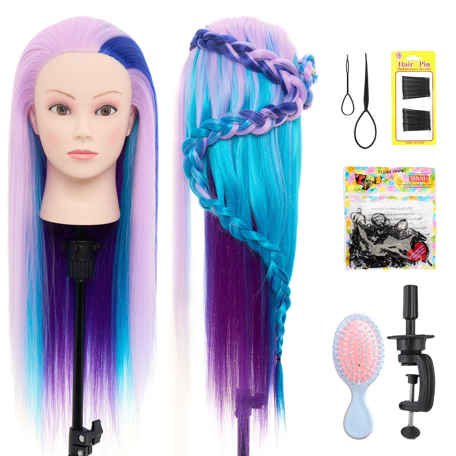 Image of Wig Mannequin Head, Manikin Practice 4 Colour Head, Practice Hairdressing Training Head, 28inch With Hair Styling Braid Set And Comb And Table Clamp Holder