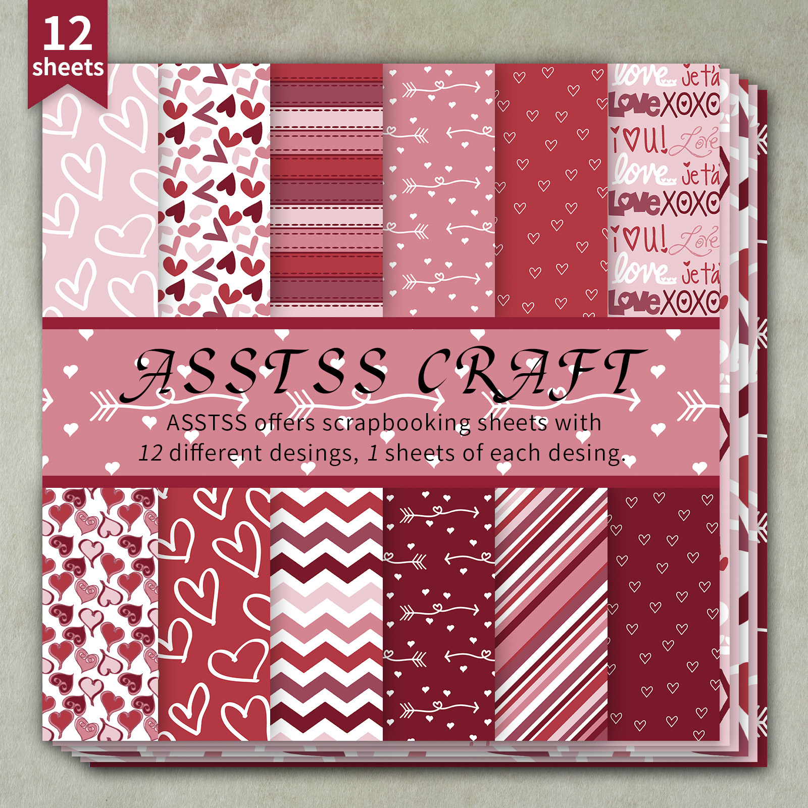 TEMU 12-sheet Asstss -inch Scrapbooking Paper Pad, Valentine's Day Retro Pink-red Heart Arrow Style Backing Paper Supplies, Heavyweight Cardstock For
