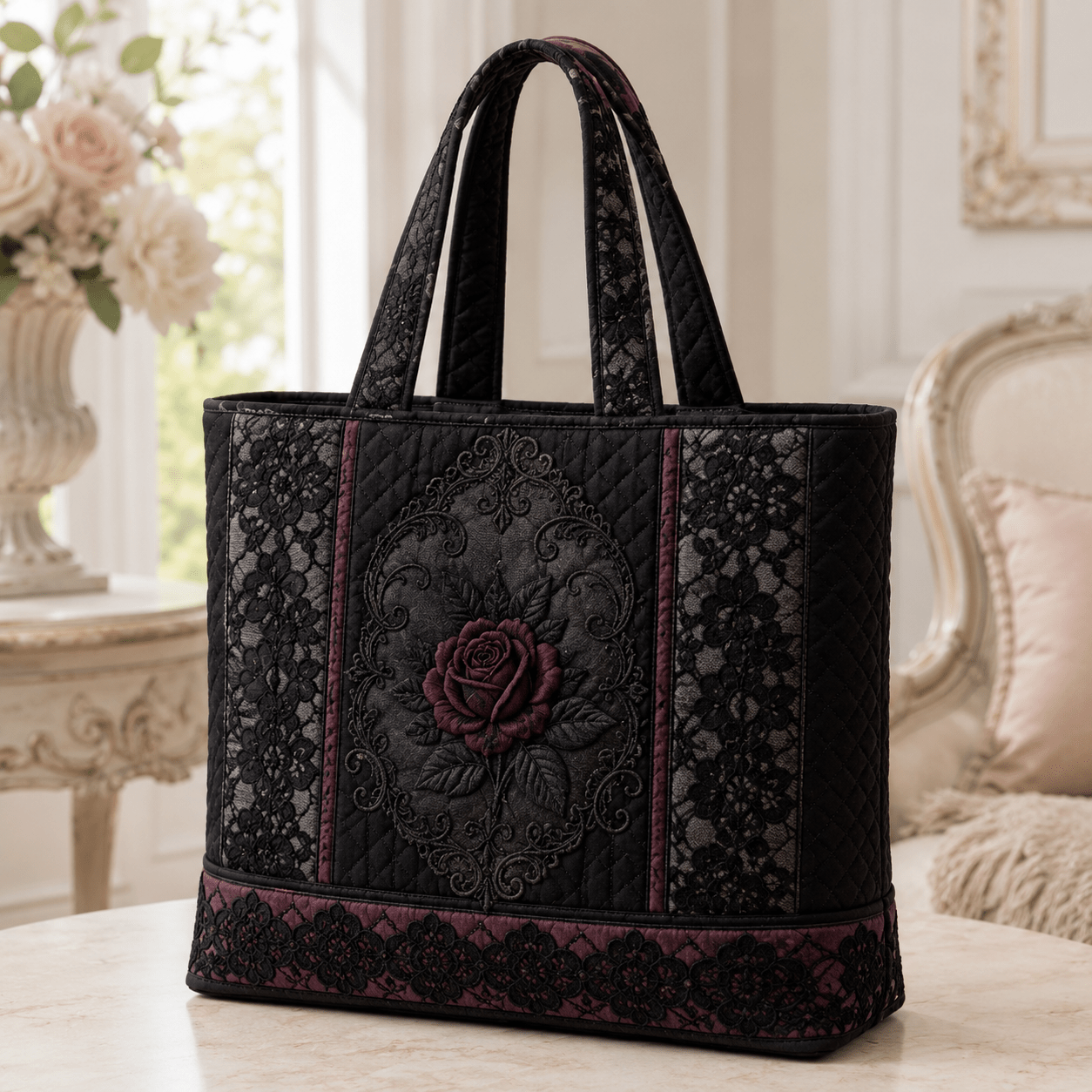 TEMU 17x15inch Large Quilted Tote Bag For Women Suitable For Travel, Work, School - Victorian Gothic Lace Burgundy Rose Handheld Bag, Soft Handheld