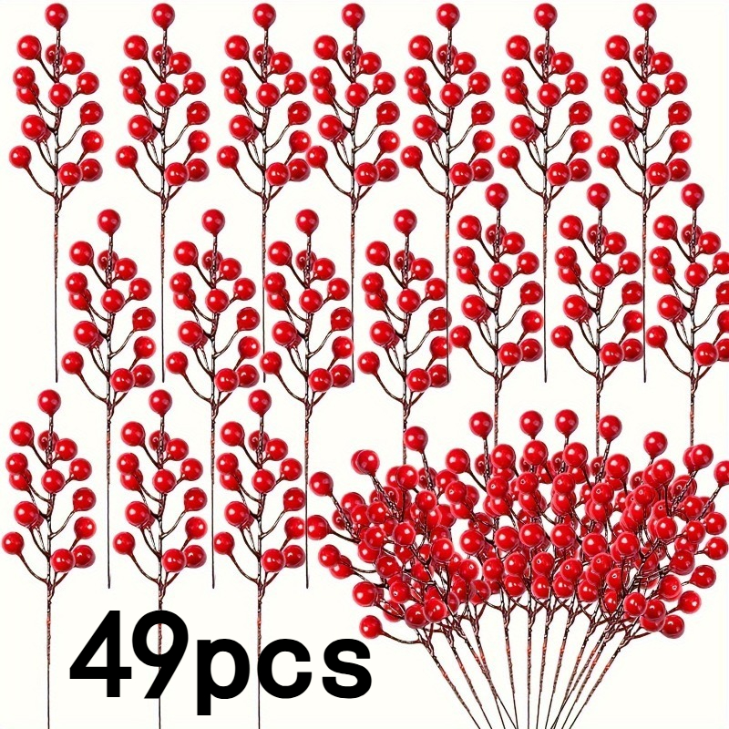 TEMU Extra Large Pack! 49pcs Artificial Berry Branches, 20cm Golden Length, Easily Insertable Into Christmas Trees, Wreaths, Bouquets, Suitable For