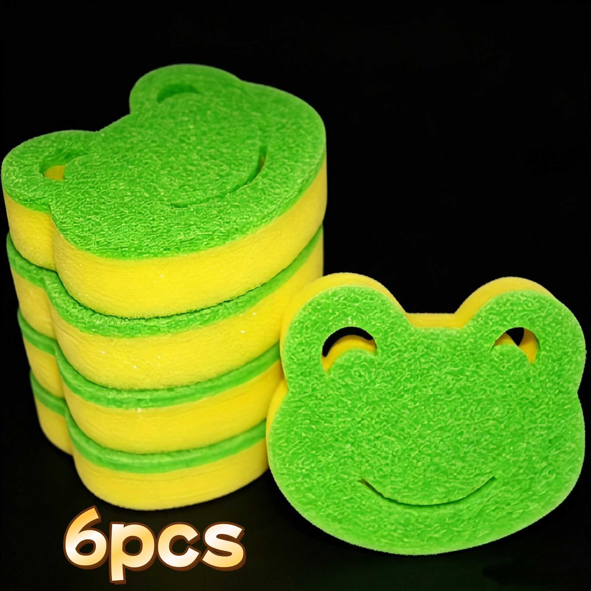 TEMU 6pcs Cute Frog-shaped Cleaning Sponges, Scrub Sponges For Kitchen Bathroom, Heavy Duty Dishwashing Household Furniture Cleaning Sponge