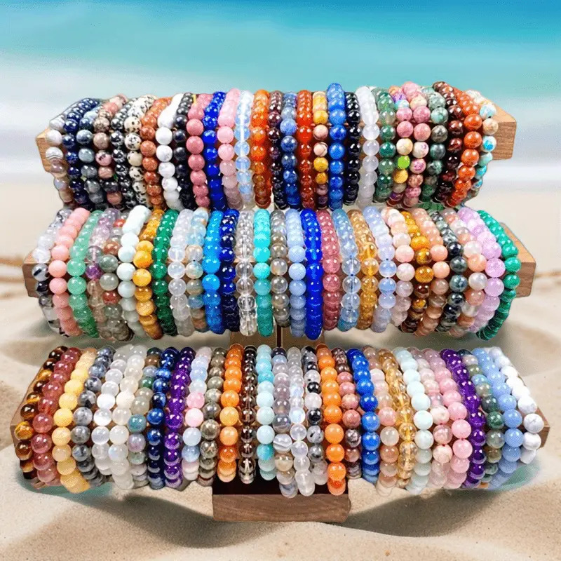 TEMU 50pcs Random Color Handmade 8mm Mixed Stone Beaded Stretch Bracelets Adjustable Solid Round Smooth Casual Stackable Plain Friendly Lock Outer