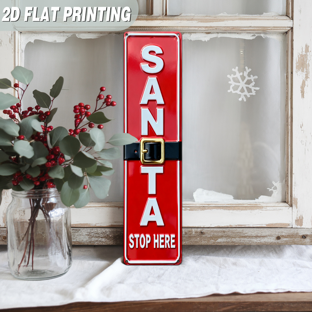 TEMU 2d Flat, 1pc Large Vintage Santa Sign - Heavy-duty Iron Christmas Wall Decor With Golden Stop Hanger, Large Santa Letters Outdoor/ Door Hanging
