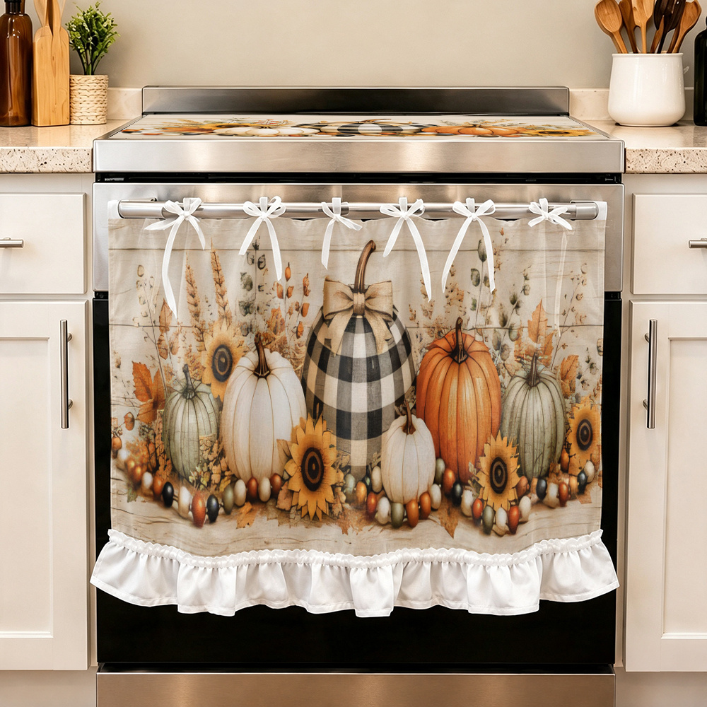 TEMU Fall Pumpkin Sunflower Fringe Kitchen Stove Curtains, Thanksgiving Harvest Wooden Background Decor Stove Curtains, Home Kitchen Decorative