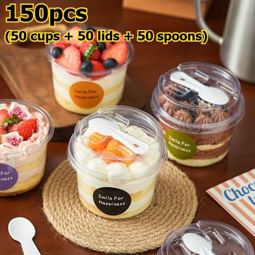 150pcs 50 cups 50 lids 50 spoons reusable 250ml clear puff pastry cups with lids suitable for desserts jellies and puddings disposable ice cream cups food storage containers for home bakeries and parties