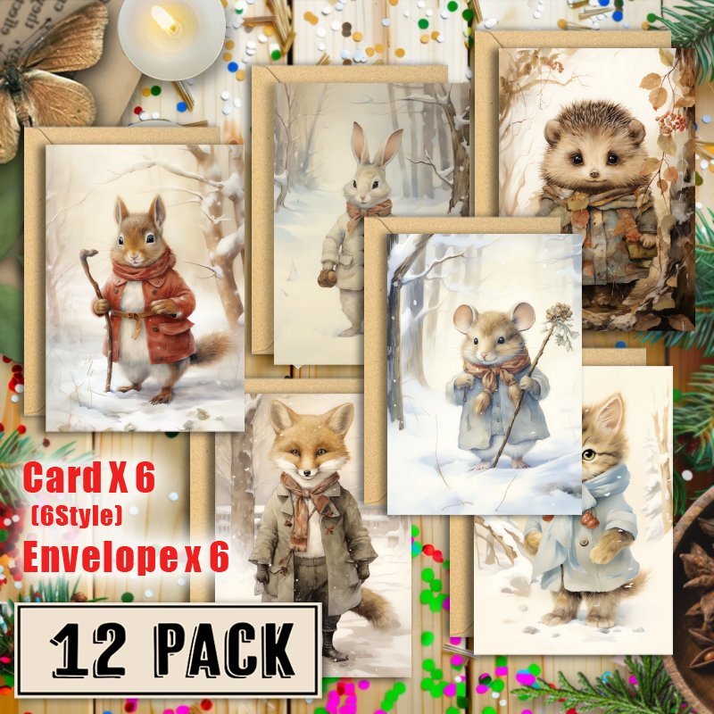 

12-pack Winter Animal Cards With Envelopes, Blank Notecards For All , Holiday Seasonal Greetings, Paper Floor Mount, No Power Required