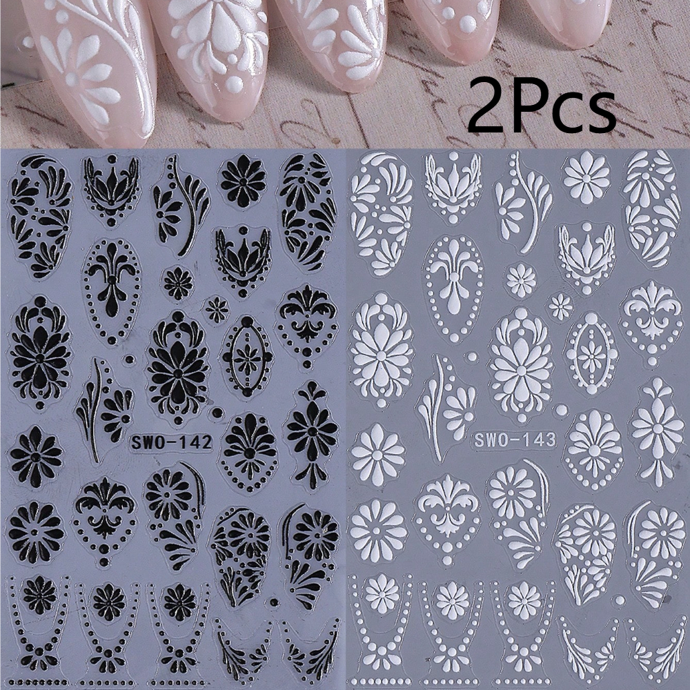 2pcs Flower Vine Nails Art Stickers Black White Floral Totem Nail Decals Self-adhesive 3d Nail Art Supplies Additions