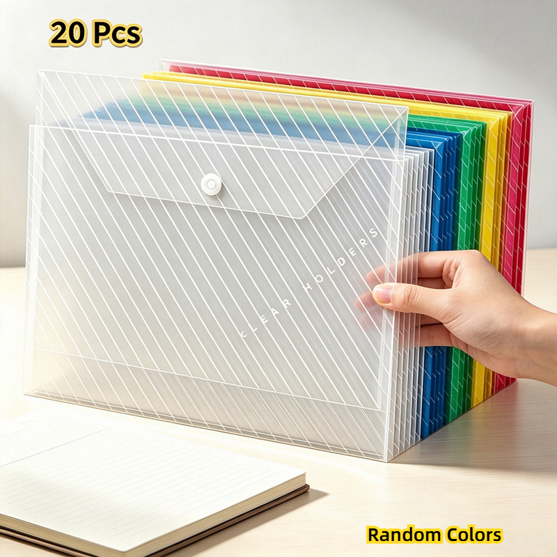 TEMU 20pcs Random Snap Button File Envelopes, Durable Pp Plastic Document Folders Area, Multipurpose Paper Organizer For Office & School Storage