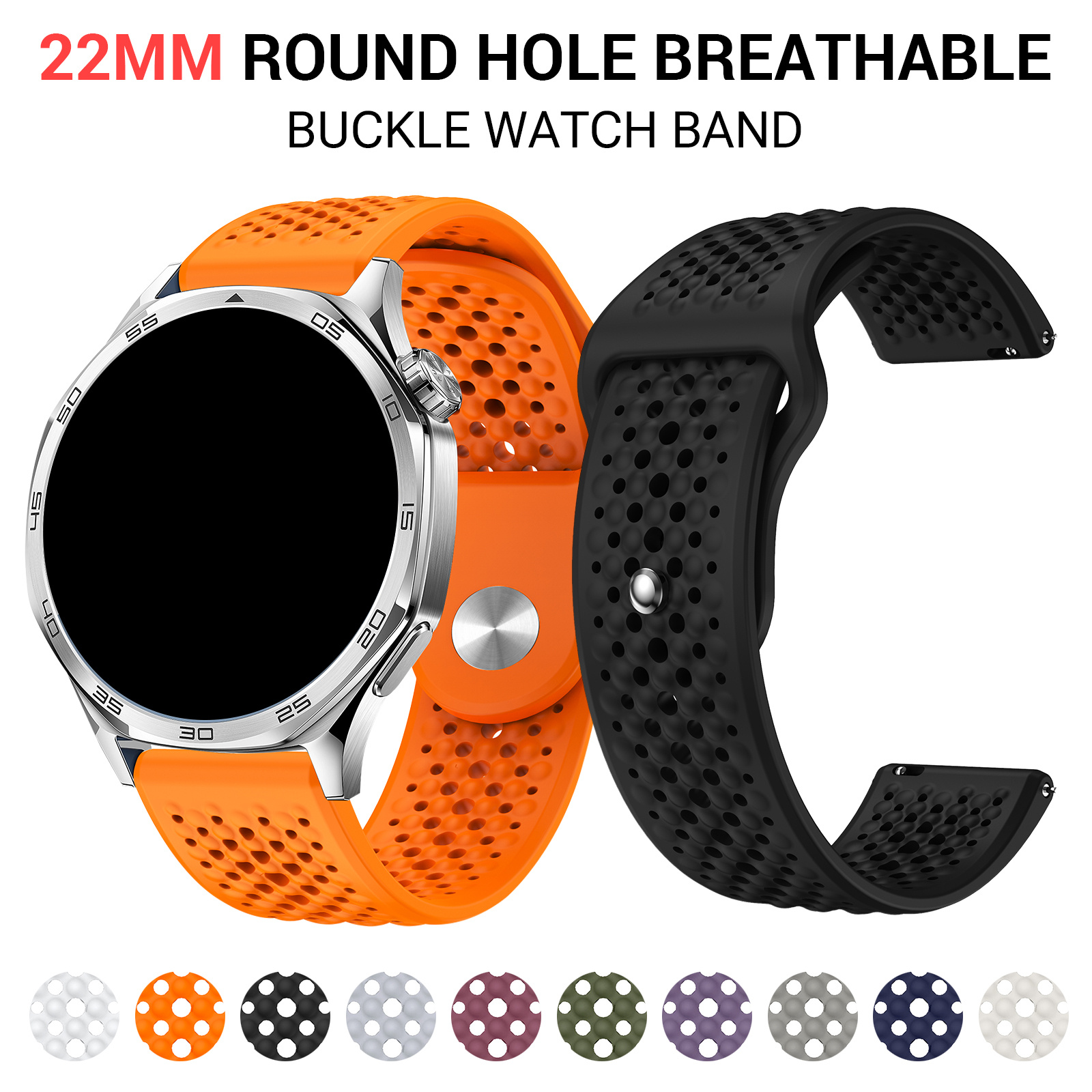Compatible with Huawei Watch GT5 Round Hole Breathable Reverse Buckle Silicone Strap And Xiaomi Watch S4 Sport Strap 22Mm, Designed for Sports with Breathability to Prevent Sweating, Suitable for Both Men And Women