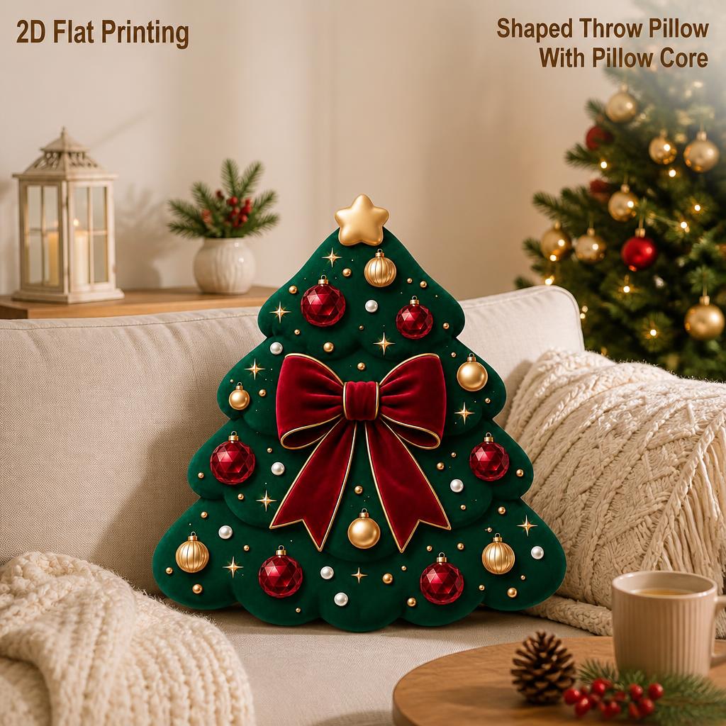 TEMU Coussin décoratif élégant de nœud de sapin de Noël vert, impression 2D plate, parfait pour canapé, chambre à coucher, salon, décoration
