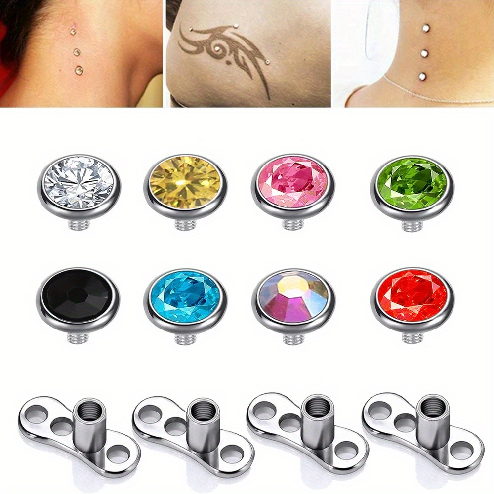 TEMU 8pcs Surgical Steel Dermal Piercing Jewelry Tops 4pcs Base For Women Men Cubic Micro Dermal Anchor Tops Base Dermal Piercing