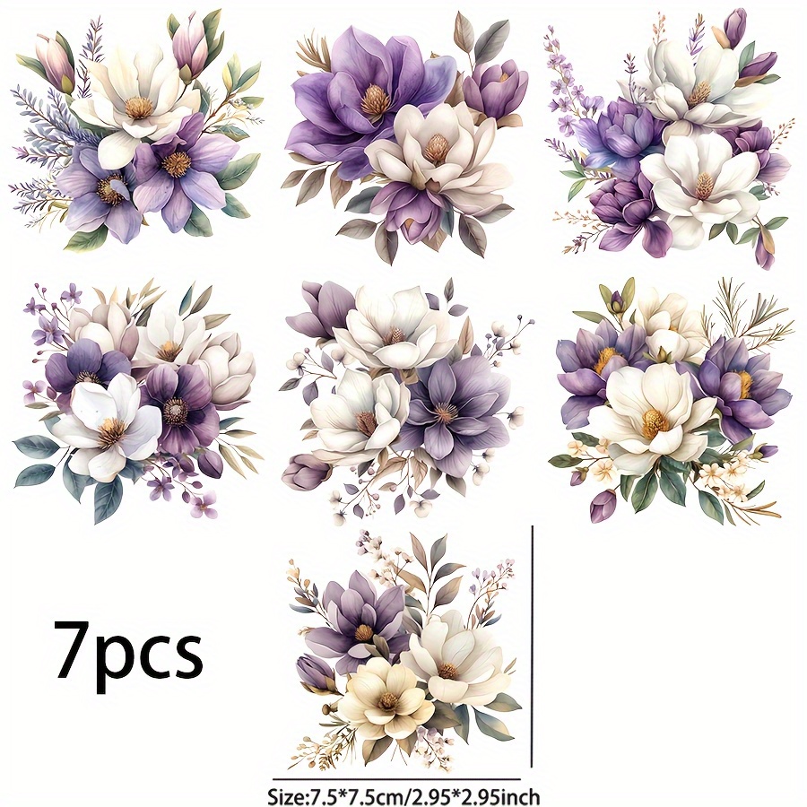 E-shop 7 Stk. Lila Blumen UV-DTF-Transferpapier – PVC wasserdicht, mit Kristalldekoration, geeignet für Tassen, Flaschen, Laptops – glänzendes Finish,