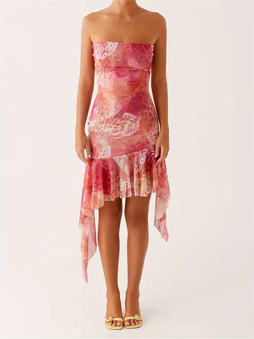 jacquard fitted ruffle hem strapless mini dress The Dessy Group Women's Cat Eye Strapless Cocktail Minidress - Yellow