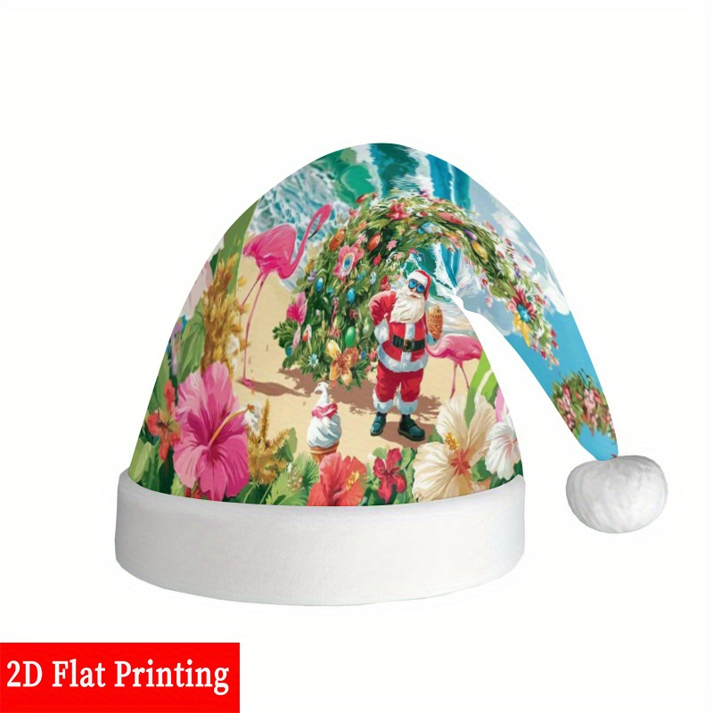 TEMU Chapeau de Fête Imprimé 2D Plat - Thème Plage avec Père Noël, Palmiers et Fleurs d'Hibiscus, Fermeture Snapback Ajustable, Durable, Lavable en