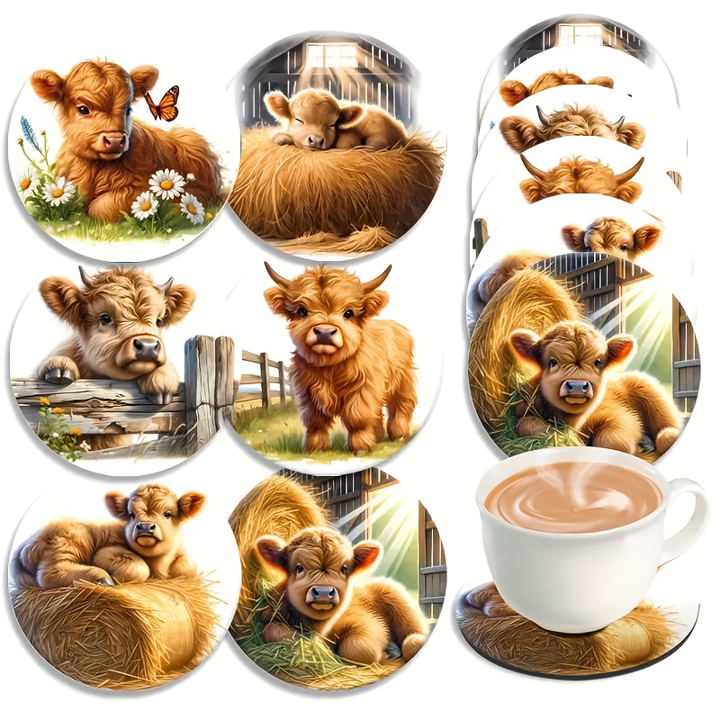 TEMU Set Of 6 Yellow Cute Highland Cow Decorative Coasters, Size 3.94x 9.9inch, Acrylic Material Suitable For Patio Or Kitchen Table Use. It's A