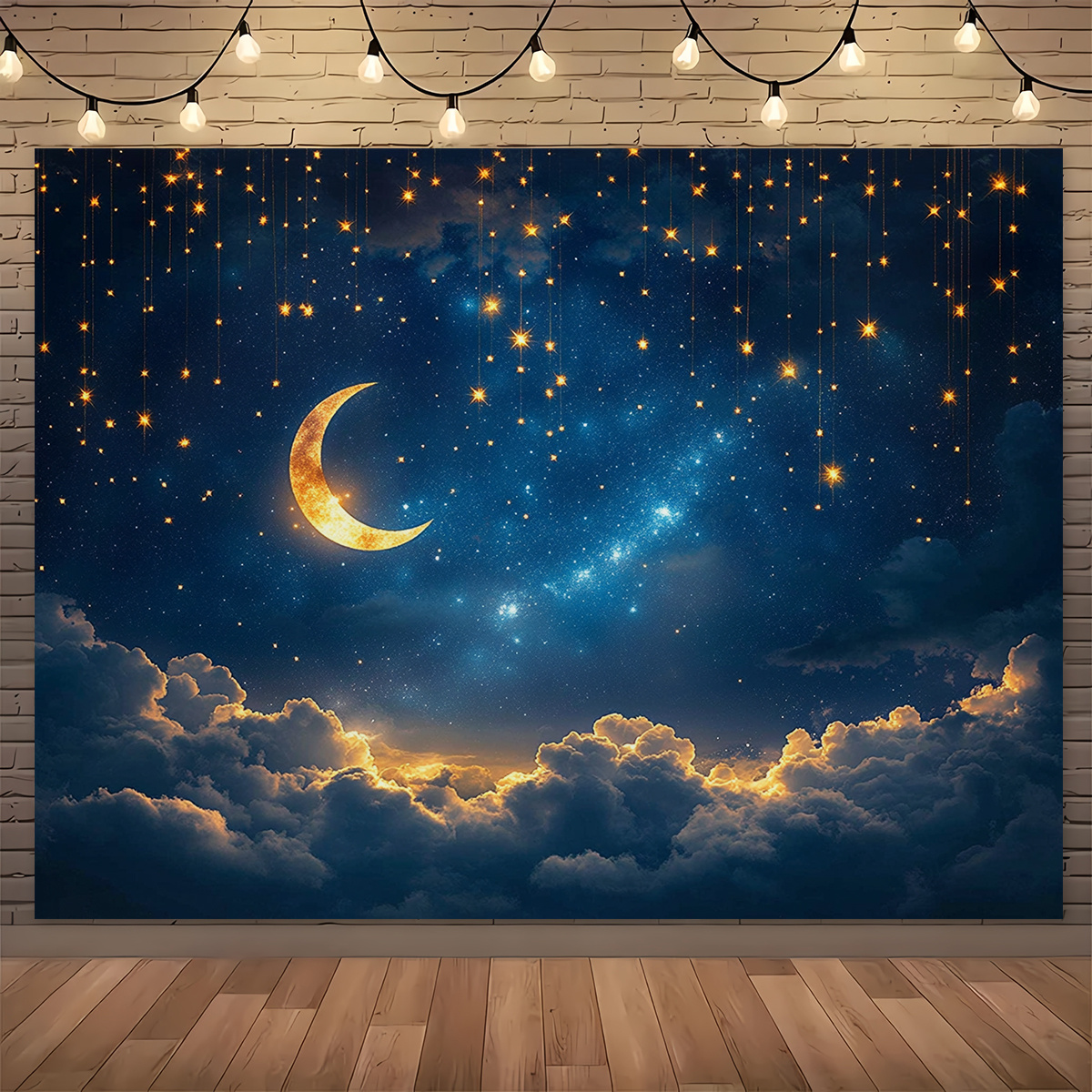 sternenhimmel-hintergrund mit goldenem halbmond und hängenden laternen – ideal für kulturfeste, romantische abende, abschlussfeiern und junggesellen-duschen – polyester, kein   erforderlich, mond-dekor
