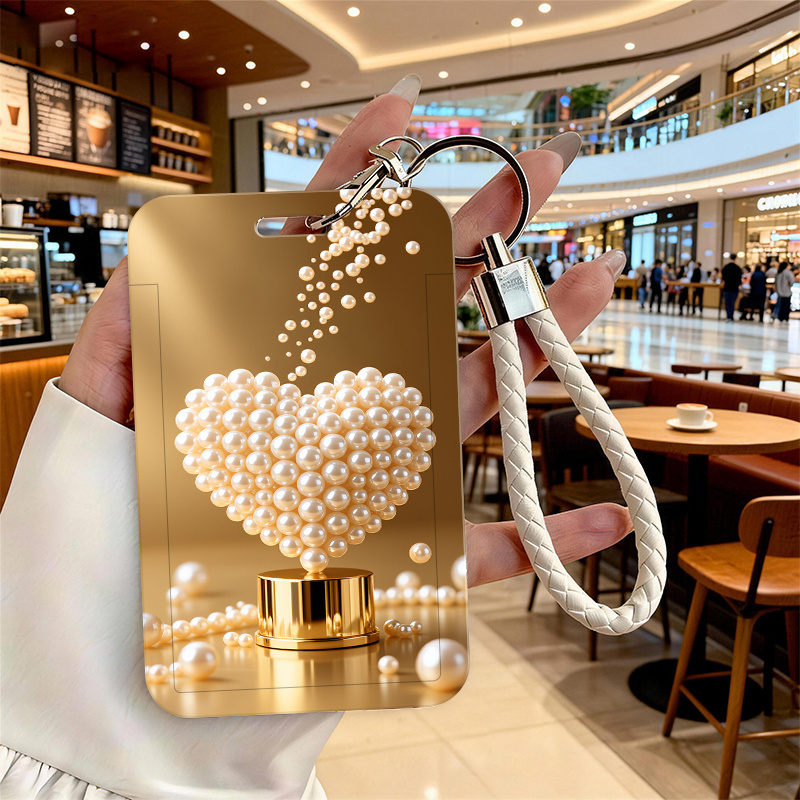 TEMU New Stylish And Easy Heart-shaped Golden Bus Card Holder For Women, Featuring A Lightweight Design With A Lanyard, Suitable For Id Cards, Credit