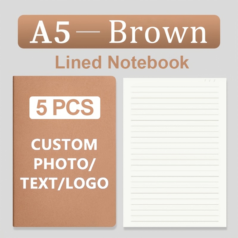 TEMU 5 Pack Bulk Custom A5 Lined Notebooks With 100 Pages, Personalized Cover Journals With Text Photo, 80gsm Thick Sewn Binding Notebooks For School
