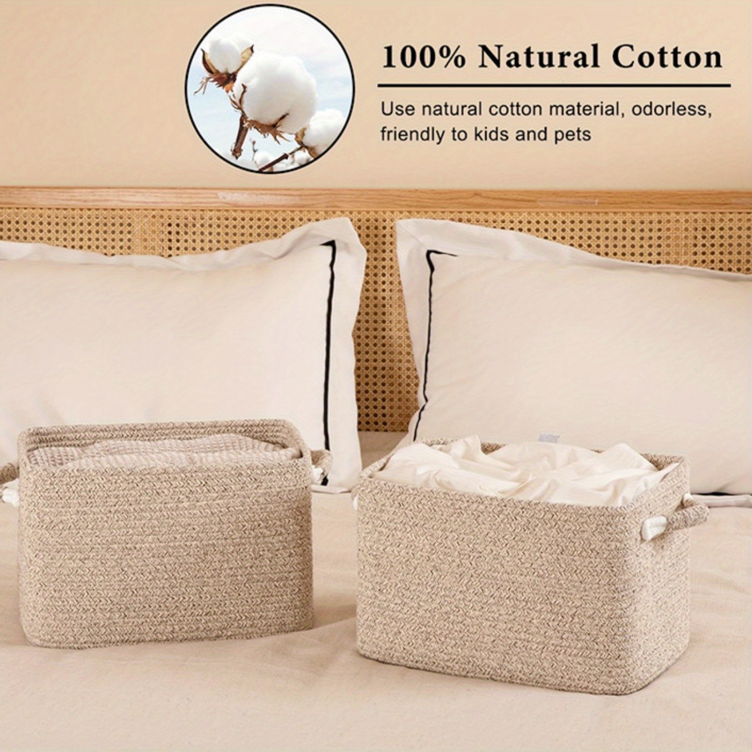 2pcs Cotton Rope Baskets (37.34cmL X 24.89cmW X 22.35cmH), Woven Storage Baskets, Rectangular Storage Basket with Handles, High Rim, Shelves Storage Baskets, Home Decor|Clothes Storage|Room Storage, 2-Pack, Shelf Baskets