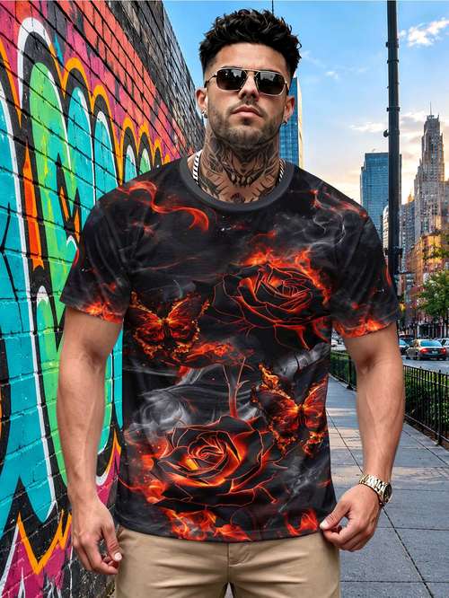 print design non textured mens round neck short sleeve flame rose print polyester fiber breathable quick dry trendy regular fit outdoor sports party shopping date gift
