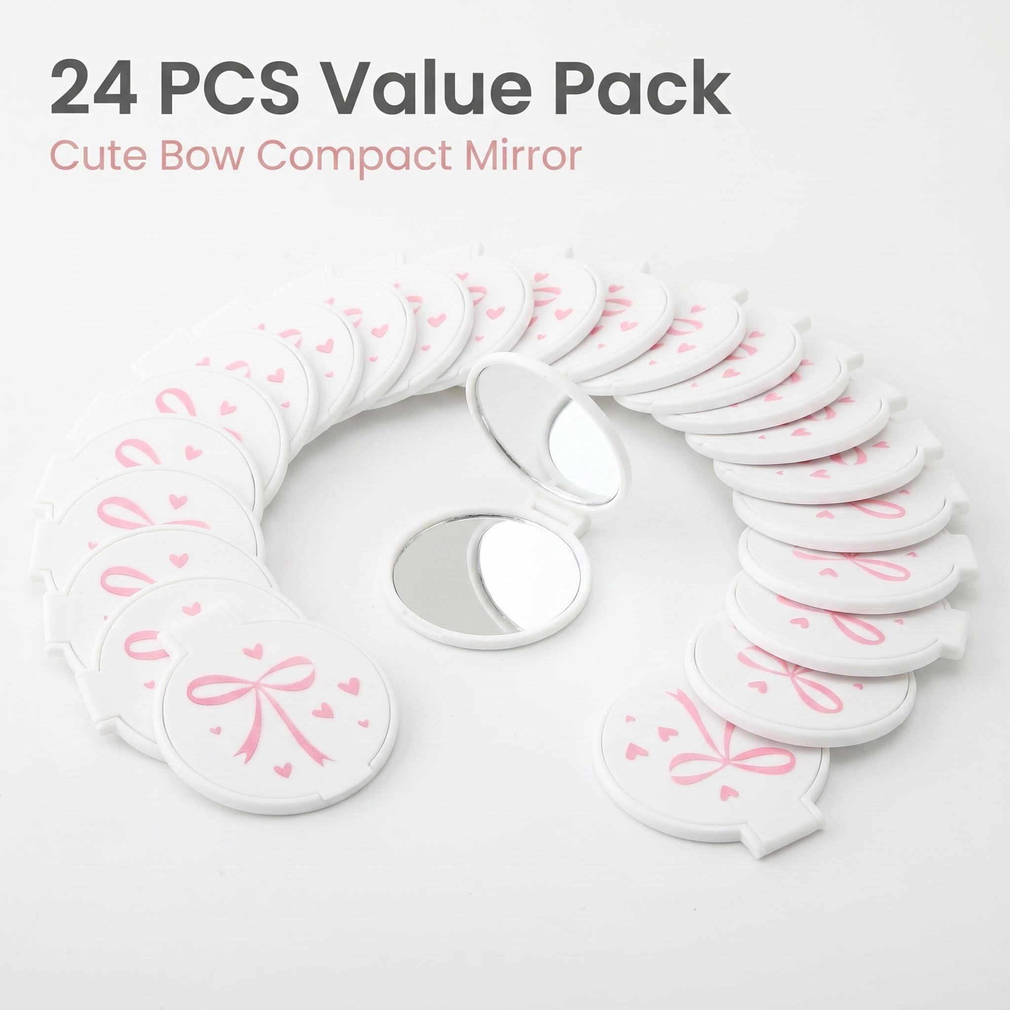 TEMU 24pcs /pack (24pcs Per Pack) Pink Bow Print Foldable Round Compact Mirror Suitable For Women Girls Use, Cute Pocket Mirror With Stand, Portable