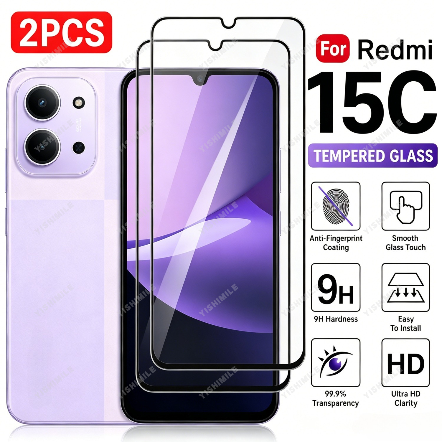 TEMU 2pcs Hd Tempered Glass Screen Protectors, Full Coverage, Suitable For Redmi 12 12c 13 13c 14c 14r 15 15c 4g 5g, Anti-fingerprint, Anti-drop