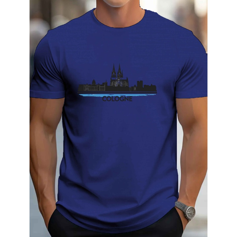 

Cologne Illustration Print Tee Shirt, Tees For Men, Casual Short Sleeve T-shirt For Summer