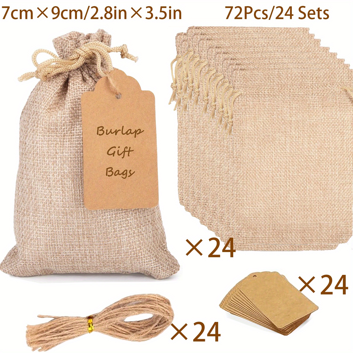 E-shop Geschenk für Sie/Ihn 72 Stück/24 Sets Jute Geschenktüten mit Kordelzug, für Party-Gastgeschenke, Geschenkbeutel und Geschenkanhänger und Schnur,