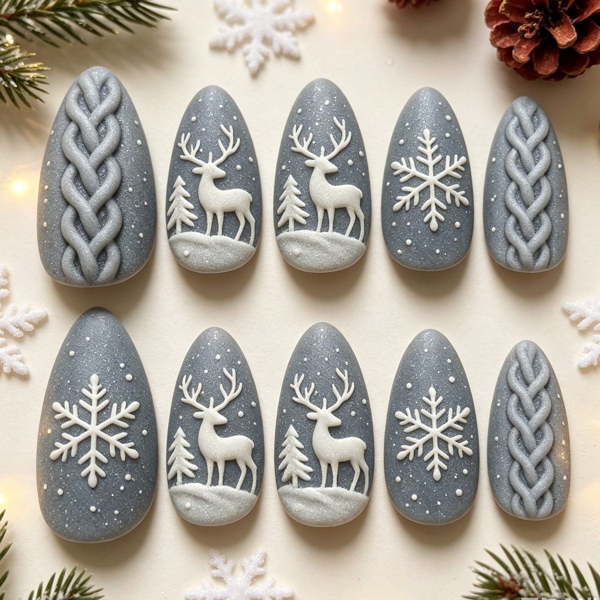 TEMU Lot de 10 faux ongles 3D de Noël QIANXING à pression pour femme, faux ongles amandés d'hiver avec texture tricot pull, , cèdre et de neige,