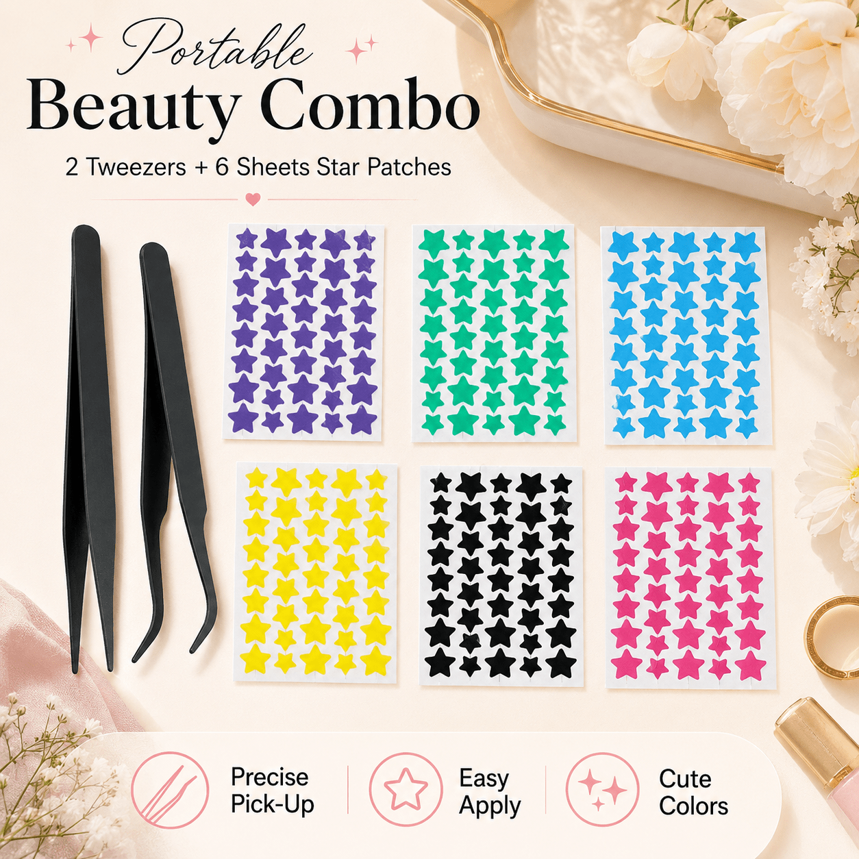 6-Color Star Pimple Patch Sheets with Precision Tweezers