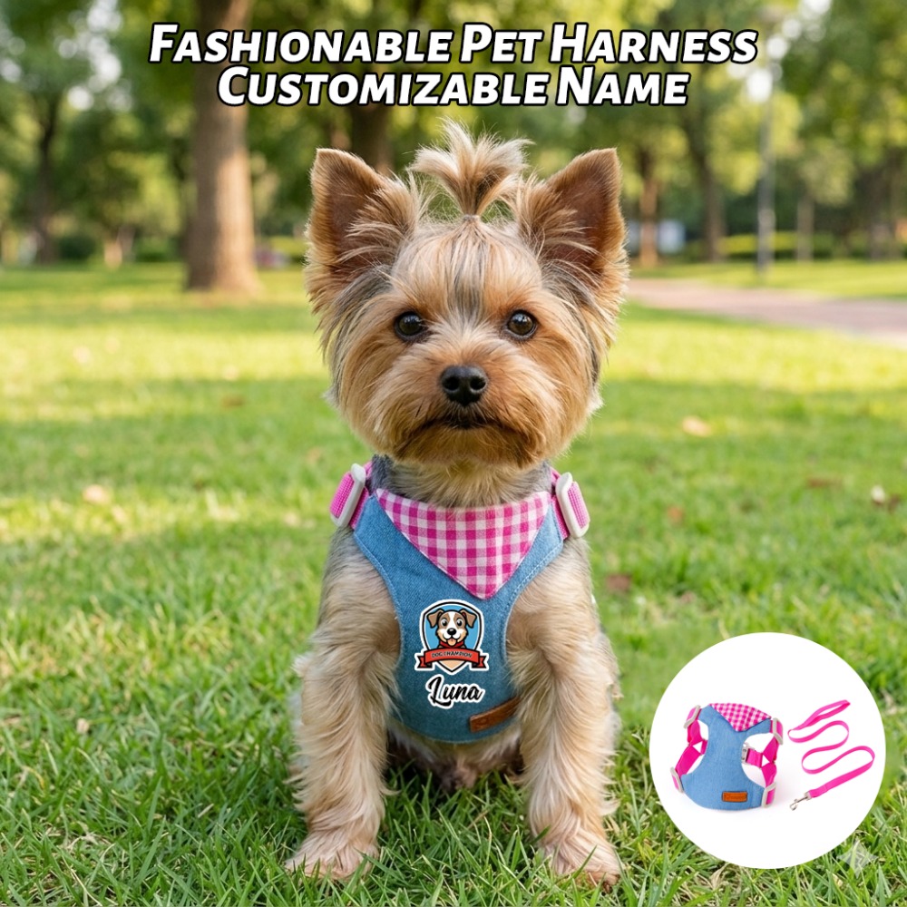 TEMU Personalized Fashion Pet Chest Harness Leash Set, Customizable Name, Soft And Skin-friendly Fabric, Adjustable Tightness To Prevent Escape And