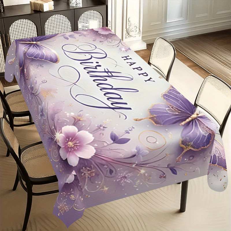 1pc Purple Happy Birthday Floral Tablecloth With Butterflies & Stars - Machine-made Polyester Rectangular Indoor/outdoor Party Decor For Spring , Birthday Party Decorations