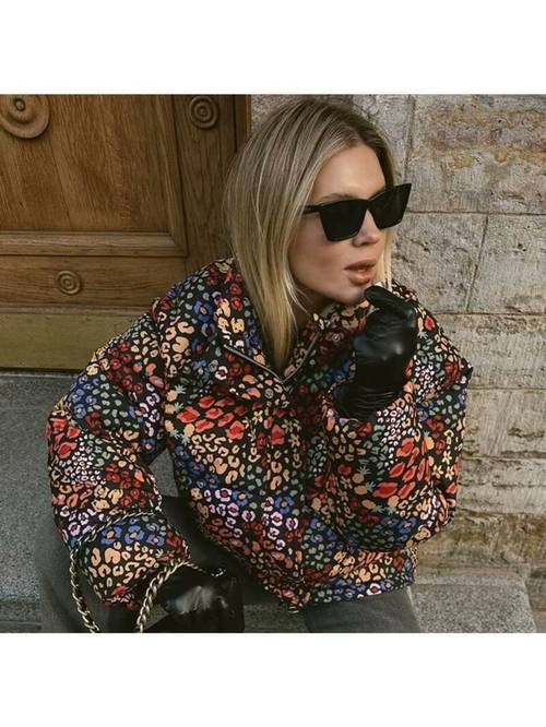 Women S Colorful Leopard Print Short Puffer Jacket, Stand Collar Padded Quilted Coat for Fall-Winter Streetwear Outfits, Retro And Casual