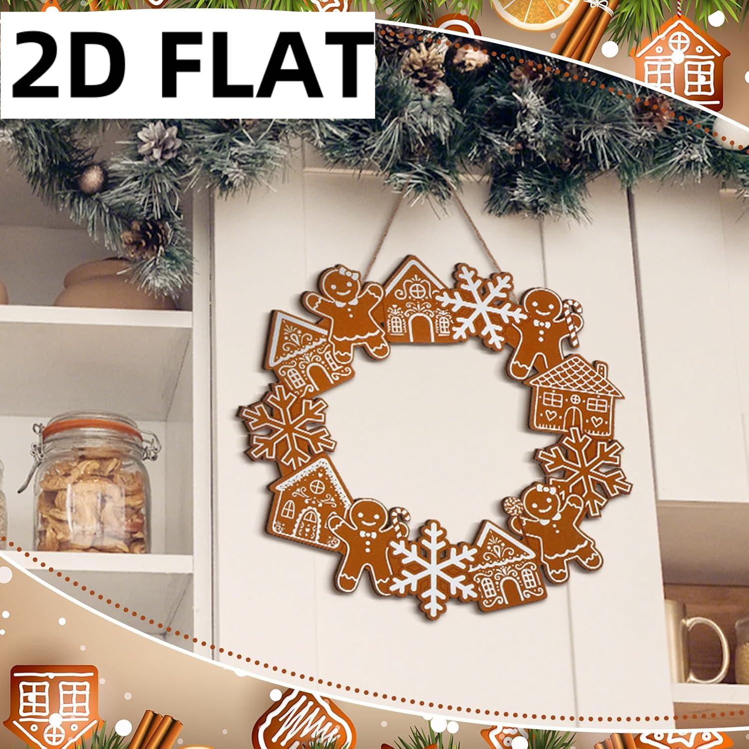 TEMU 2D Flat - 2D Flat - 2D, . Weihnachts-Lebkuchenkranz - Holz - Rustikaler Holz-Türhänger mit Schneeflocken und Lebkuchenmännchen, für Haustür,