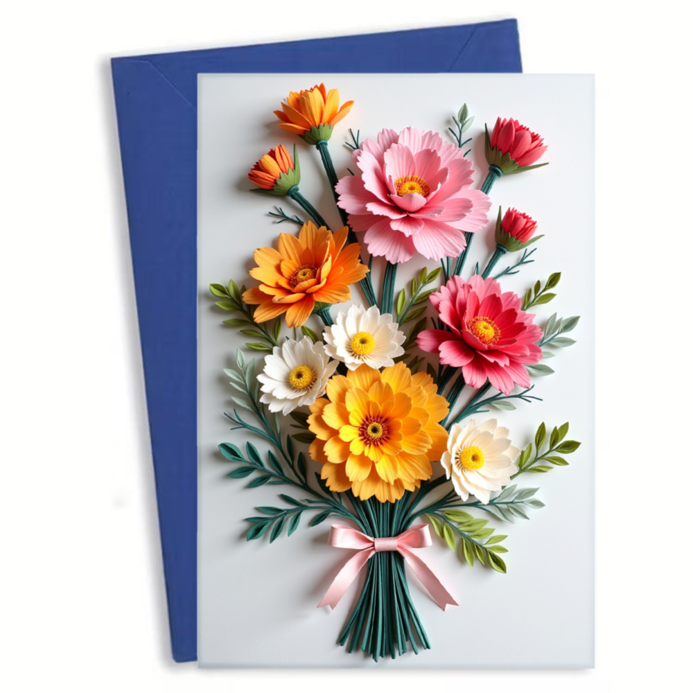 E-shop 1 Set Grußkarte mit Umschlag, Blumenstrauß-Design, mehrfarbig, rosa, orange, weiße, gelbe Blumen, elegante Schleife mit Band, Geschenkkarte für