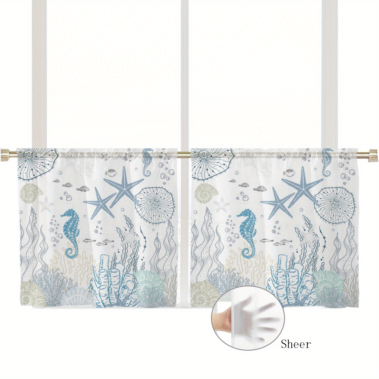 TEMU 2pcs Starfish Tulle Sheer Curtain Set, Pole Pocket Decorative Curtains, Translucent Small Curtains For Kitchen Bedroom Bathroom Coffee Bar And