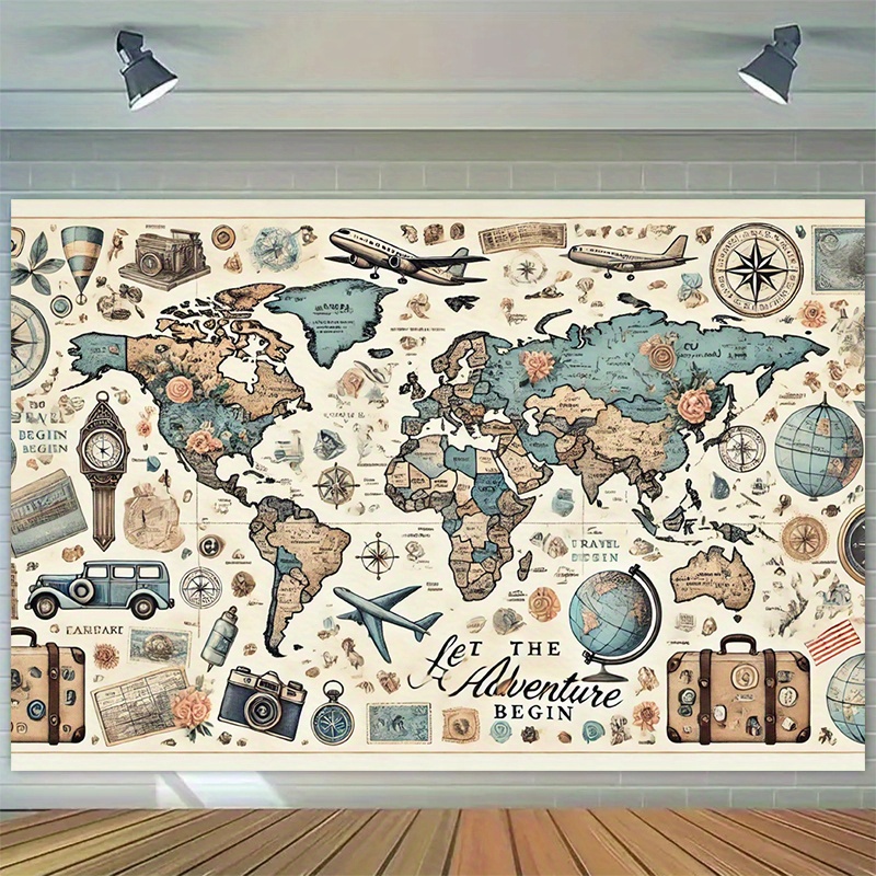 TEMU 1pc Vintage Travel-themed Polyester Photography Backdrop Tapestry - World Map With Suitcases, Compasses & Airplanes Design For Indoor/outdoor