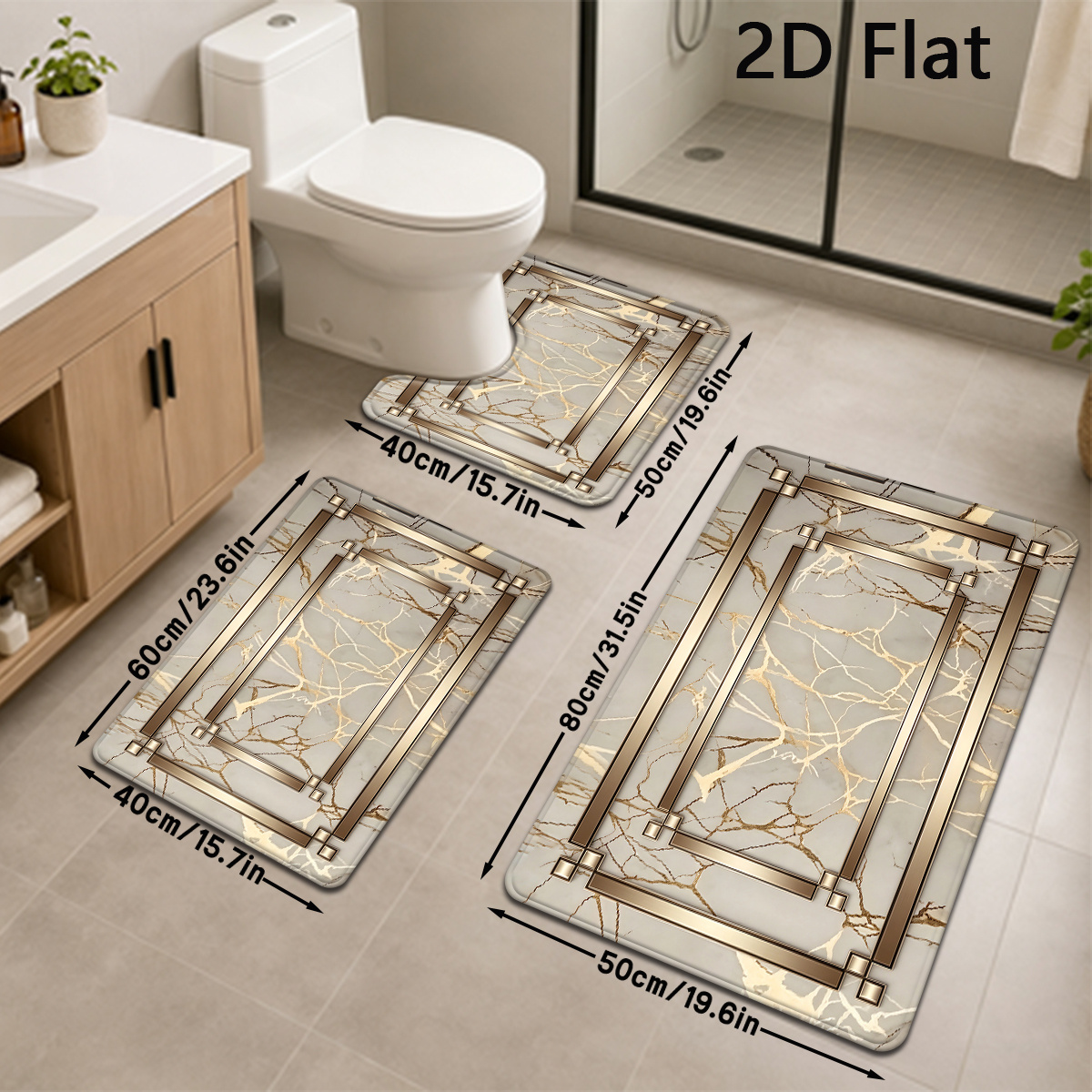 TEMU 2d Flat, 2d Flat, 2d Flat Printing 3pcs Marble Pattern Bathroom Floor Mat Modern Light Luxury Festival Theme Bathroom Mat Set Toilet Lid Mat And