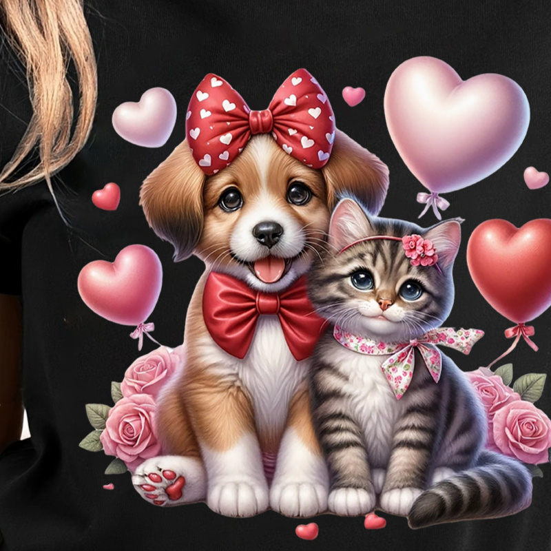 

A Women's Casual Round-neck Valentine's Day T-shirt Featuring A Cute Design Of A Puppy And Kitten In Love With Bubbles, Regular Fit, Slightly Stretchy Knitted Fabric, Suitable For Wearing In All .