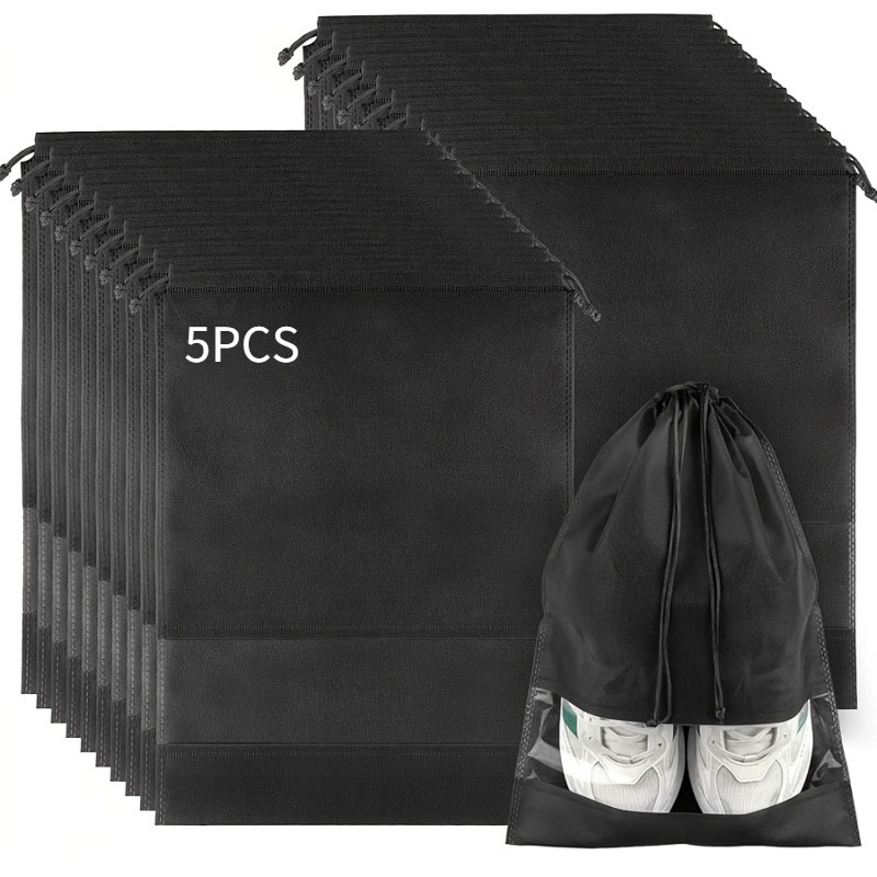 TEMU 5pcs Black Non-woven Drawstring Shoe Bags, Semi-transparent Visible Design With Drawstring Closure, Dustproof And Moisture-resistant, Secure
