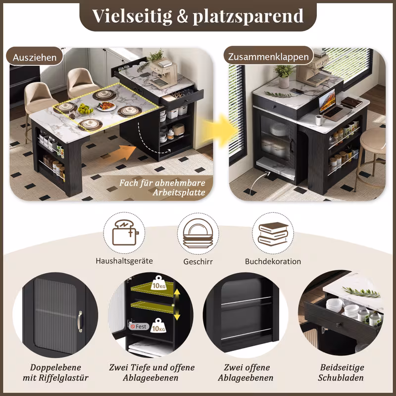 modern large extendable dining table kitchen island with wheels space saving expandable table foldable extendable bar top detachable tabletop artificial marble spice rack heavy duty metal frame for 4 6 people easy assembly black 8