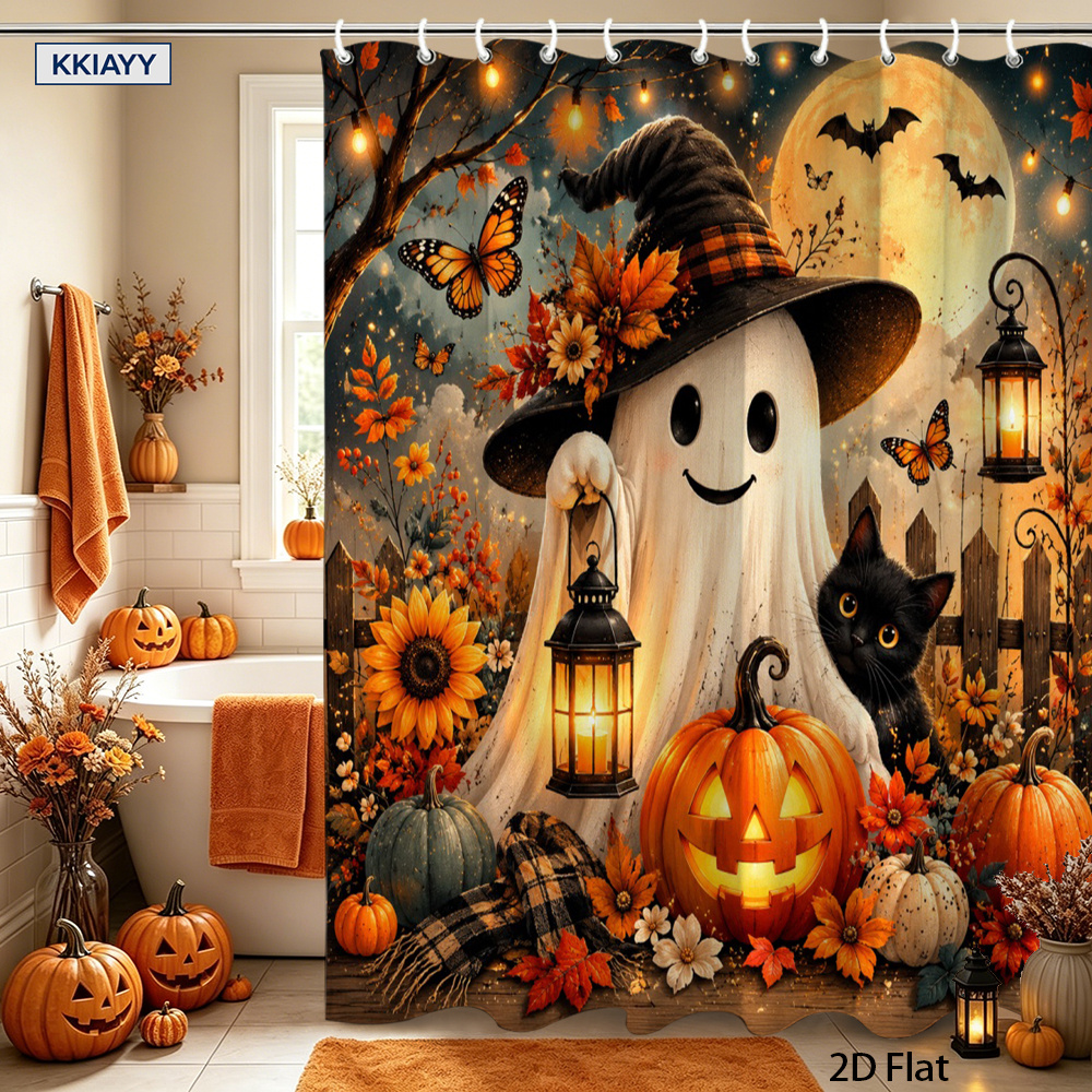 TEMU 2d Flat, 2d Design, 1pc 2d Halloween Lantern Shower Curtain, Polyester Fabric Bathroom Decor, Featuring Black Cat, Pumpkin, Sunflower, And ,