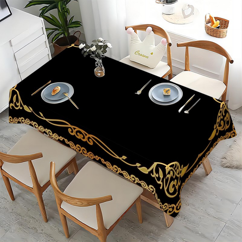 

Elegant Black And Golden Polyester Tablecloth, Machine-woven Rectangular Table Cover, 100% Polyester, For Dining And Entertaining