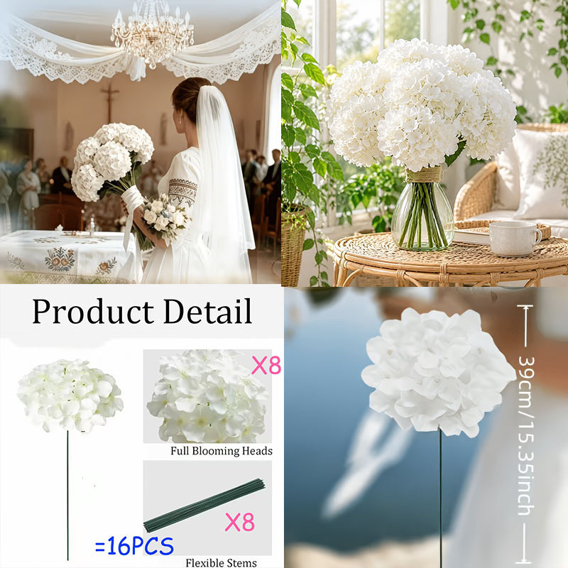 TEMU Ensemble de 16 pièces Nouveau Bouquet de Hortensias de Simulation (Comprenant 8 Têtes de Fleurs et 8 Tiges de Fleurs) - Convient pour Mariage,